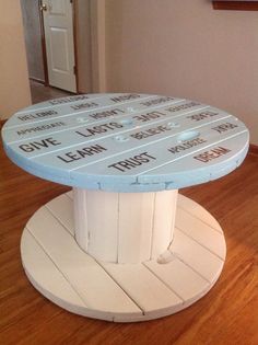 a wooden table with writing on it in the middle of a wood floored room