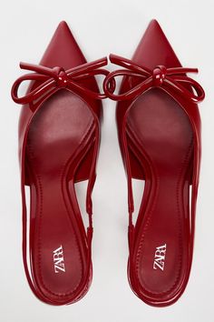 FAUX PATENT LEATHER BOW HEELED SHOES - Red | ZARA United States Styling Red Heels, Red Pointed Heels, Fall 2024 Shoes Trends Women, Zara Heels Outfit, Kitten Heels Aesthetic, Shoes With Dresses, Red Shoes Women, Christmas Heels, Red Bow Heels