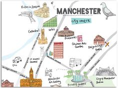 an illustrated map of manchester, england with the names and landmarks drawn on it's sides