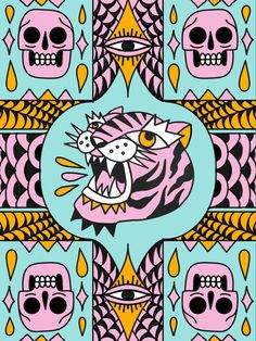 an image of a colorful pattern with skulls and cats on blue background, in the style of pop art