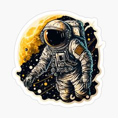 an astronaut in space sticker on a white background with the moon and stars behind it