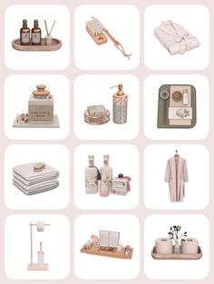 a bunch of items that are sitting on a table in front of a pink background