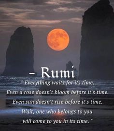 a full moon with the words rumi in front of it and an image of two rocks