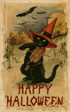 an image of a happy halloween card with a cat playing violin