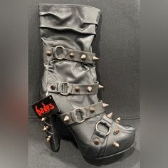 Hades Bjorn Mid Calf Spiked Boots. Size 6. Brand New Never Worn. They Do Have A Little Bit Of Peeling Shown In Photos. Comes With Original Box. They Match The Dress I Have Listed. Spiked Boots, Shoes Heels Boots, Mid Calf, Shoes Women Heels, Heeled Boots, Original Box, The Dress, Shoes Heels, Fashion Inspo