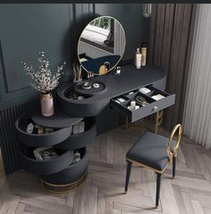 a dressing table with two stools and a mirror on the wall next to it