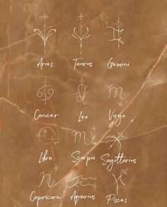 the zodiac signs are written in white ink on a brown marble background with black and white writing