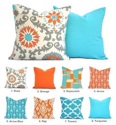 pillows with different colors and patterns on them