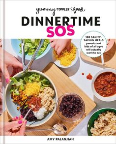 the book cover for dinner time sos is shown with bowls and spoons filled with food