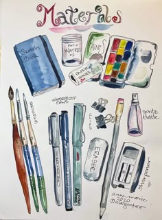 watercolor and ink on paper with various items from different eras to the same color