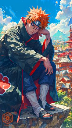 an anime character sitting on top of a rock