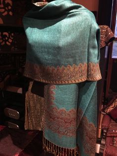 Nemesis Vintage Turquoise Brown Reversible Paisley Brocade Pashmina Scarf Wrap shawl by NemesisJewelryNYC on Etsy https://www.etsy.com/listing/556225005/nemesis-vintage-turquoise-brown Kashmiri Shawls, Vintage Shawls, Wrap Shawl, Bleu Turquoise, Pashmina Shawl, Pashmina Scarf, Vintage Turquoise, Shawls And Wraps, Style Vintage