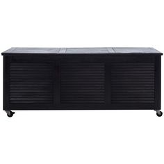 an outdoor storage box with wheels on the bottom and black woodgrained doors,