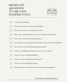 a question sheet with the words important questions to ask your wedding venue