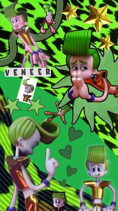 an image of some cartoon characters on a green and black background with the words veneer