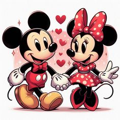 two cartoon mickey and minnie mouses with hearts in the background