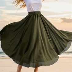 Olivia Mark - Solid Color Cotton Linen Midi Skirt - Casual Holiday Swing Maxi Skirt Beach Dress Linen Midi Skirt, Skirt Beach, Skirt Casual, Linen Skirt, Flowy Skirt, Types Of Skirts, Beach Dress, A Line Skirts, Cotton Linen