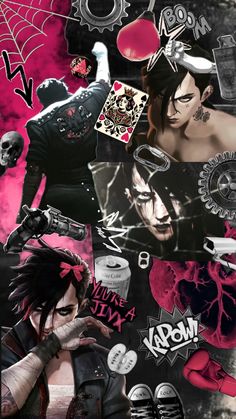 a collage of anime characters with pink and black accents on it's face