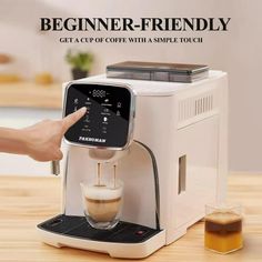 a coffee maker with the words beginner - friendly get a cup of coffee with simple touch