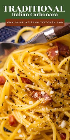 spaghetti with bacon and parmesan cheese on top