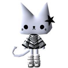 a white cat with black stars on it's head and legs, standing in front of a white background