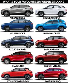 four different colored suvs are shown with the names in each one's language