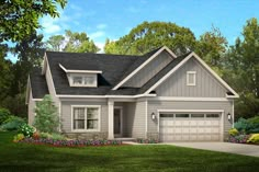 this is an artist's rendering of a house in the country style with two car garages