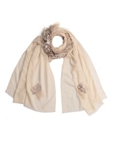 This stunning beige scarf is woven from a very fine cashmere. The uniqueness of this scarf is a stunning collar made from a combination of a tonal beige satin leaves and feathers making it a must-have Maneesha Ruia signature creation that will make heads turn whilst keeping you fashionably warm on any evening out. Luxury Beige Scarf For Fall, Elegant Cashmere Shawl, Elegant Silk Shawl For Winter, Elegant Beige Wool Scarf, Chic Silk Scarves For Winter, Elegant Beige Shawl For Spring, Beige Pashmina Scarves For Winter, Elegant Cashmere Shawl Scarf, Elegant Cream Shawl Scarf