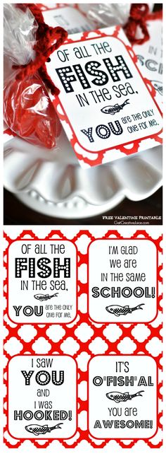 some candy bar labels on a plate with red and white paper tags in the middle