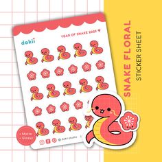 a sticker sheet with an image of a pink and yellow snake holding a donut