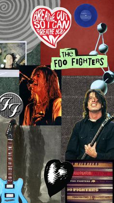 a collage of photos with guitars, books, and other things in it that are related to the rock band foo fighters