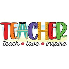 the word teacher is written in colorful letters with an apple and ruler on top of it