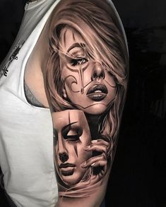 a woman's half sleeve with two faces painted on it