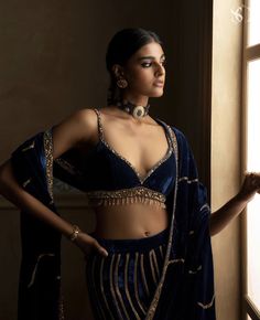 Blue Velvet Blouse, Velvet Lehenga Choli, Velvet Kurta, Lehenga Choli Designs, Velvet Lehenga, Velvet Drapes, Velvet Blouse, Choli Designs