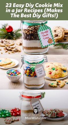 three mason jars filled with cookies and cookie mix in the same jar for christmas gifts