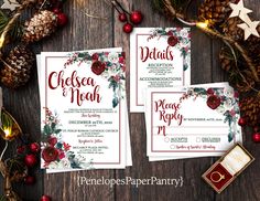 the wedding stationery is decorated with pine cones, holly and red berries as well as other holiday decorations