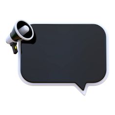 a black and white speech bubble with a bullhorn on it's side, isolated against a white background