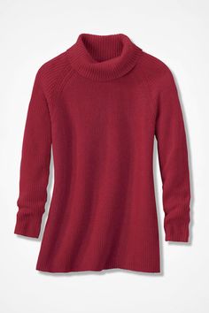 a women's red sweater with high neck and long sleeves, on a white background