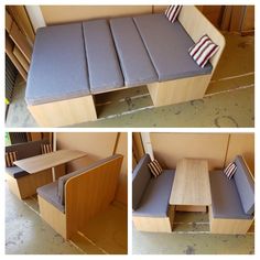 three pictures of the same bench and table in different stages of being built into each other