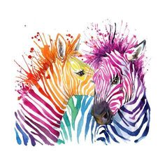 two zebras are standing next to each other with paint splatters all over them