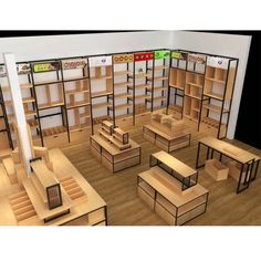 an artist's rendering of a retail store with shelves and benches in the shape of bookshelves