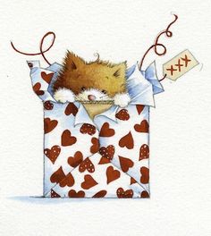 a painting of a cat in a gift box with hearts on it's chest