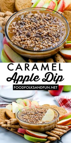 caramel apple dip in a glass bowl with crackers and apples on the side