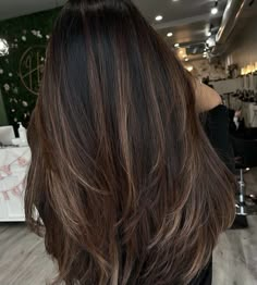 Back Hair Highlights, Full Brown Balayage, Long Black Hair Balayage Straight, Coffee Highlights On Dark Hair, Dark Brown Light Highlights, Brown Hair Colors Straight Long, Super Light Highlights On Brown Hair, Carmel Balayage Black Hair, Partial Highlights Dark Brown Hair