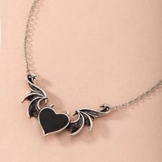 Grunge Necklaces, Black Heart Necklace, Emo Accessories, Vampire Necklace, Heart Pendent, Grunge Jewelry, Gothic Necklace, Wing Necklace, Metal Heart