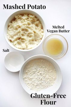 ingredients for mashed potato soup in bowls on a white background with the words gluten - free flour below