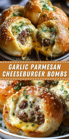 Garlic Parmesan Cheeseburger Bombs Ground Beef In Biscuits, Football Food With Ground Beef, Ground Beef Burger Sliders, Parmesan Bites Recipe, Garlic Ground Beef Recipes, Bunch Ideas Lunch, Cheese Burger Cups, Ground Beef Parmesan Recipes, Biscuit Stuffed Recipes