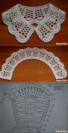 three different pictures of crocheted doily on a table