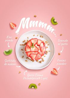 a white plate topped with sliced strawberries on top of a pink background and the words mama written in spanish