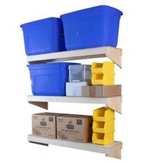 two shelves with bins and boxes on them, one is blue and the other is yellow